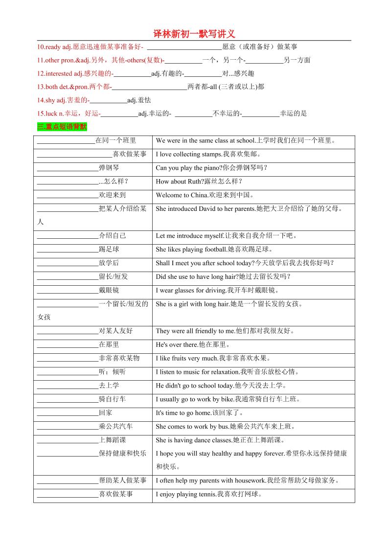 七年级上英语Unit1知识清单背默