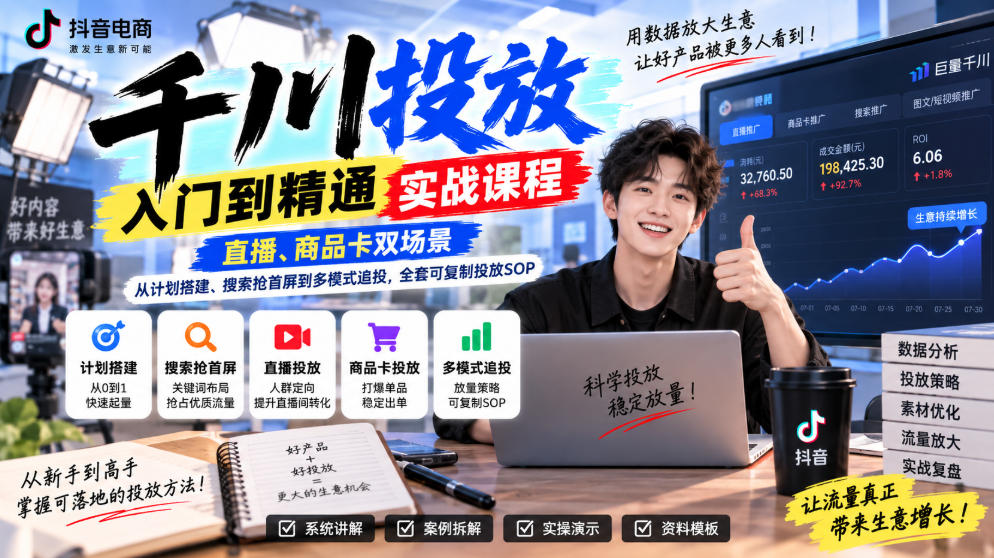千川投放入门到精通实战课程，直播、商品卡双场景，从计划搭建、搜索抢首屏到多模式追投，全套可复制投放SOP-副业资源网