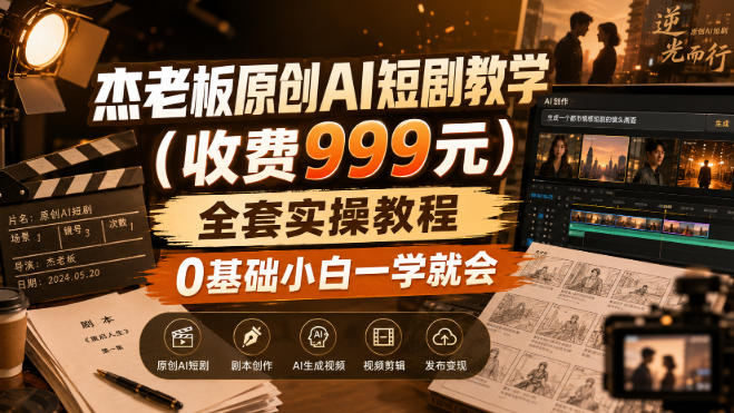 杰老板原创AI短剧教学（收费999元），全套实操教程，0基础小白一学就会，非搬运技术-副业资源网