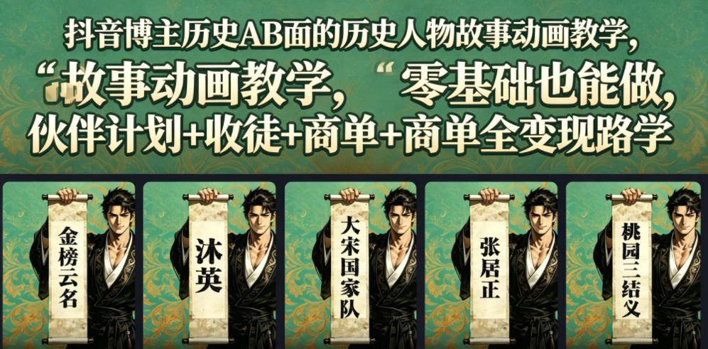 抖音博主历史AB面的历史人物故事动画教学，零基础也能做，伙伴计划+收徒+商单全变现路径教学-副业资源网