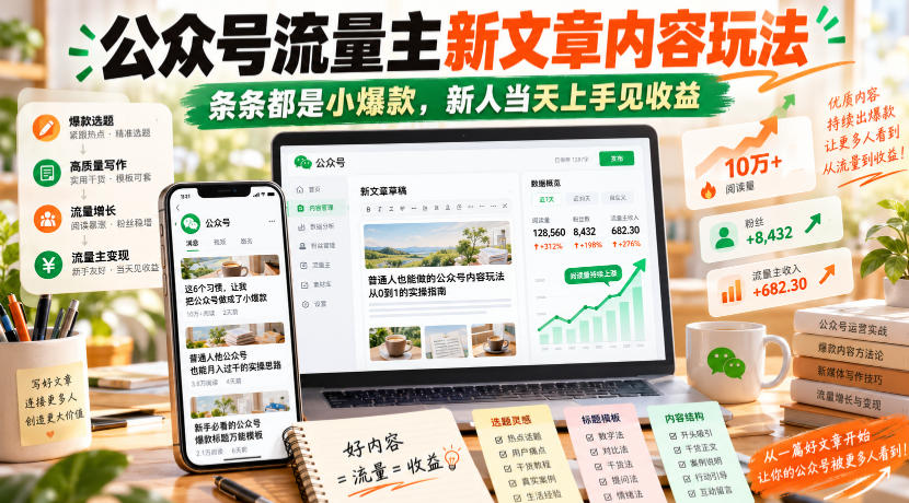 公众号流量主新文章内容玩法，条条都是小爆款，新人当天上手见收益-副业资源网