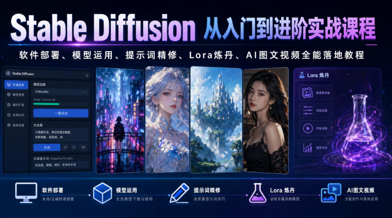 Stable Diffusion从入门到进阶实战课程｜软件部署、模型运用、提示词精修、Lora炼丹、AI图文视频全能落地教程-副业资源网