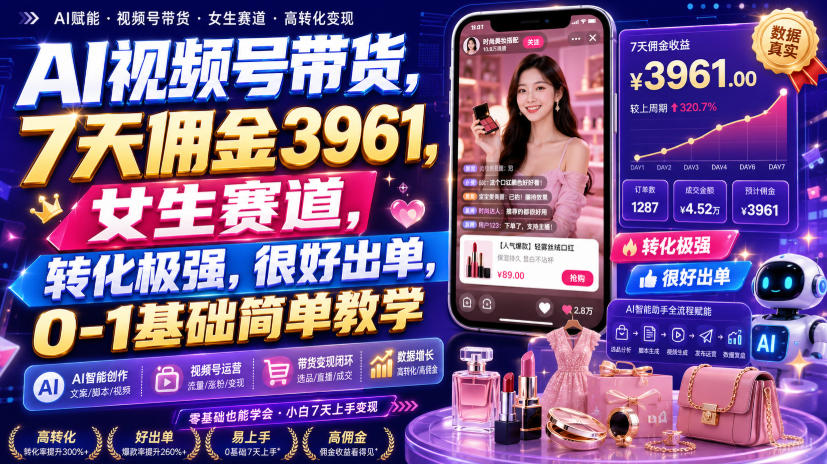 AI视频号带货，7天佣金3961，女生赛道，转化极强，很好出单，0-1基础简单教学-副业资源网