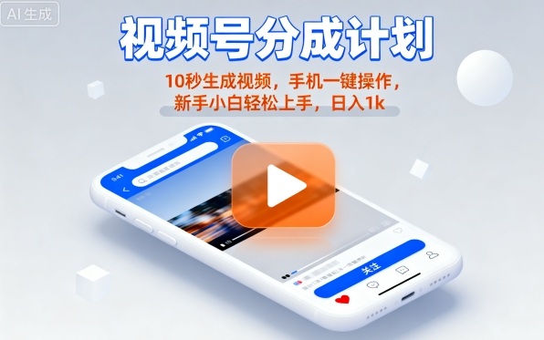 视频号分成计划懒人玩法，10秒生成视频，手机一键操作，新手小白轻松上手，日入1K【揭秘】-副业资源网