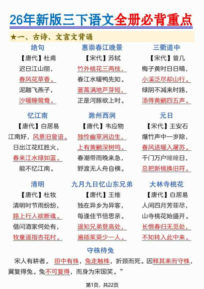 三年级下语文全册必背重点（十二重点知识点）-副业资源网