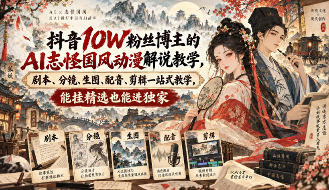 抖音10W粉丝博主的AI志怪国风动漫解说教学，剧本、分镜、生图、配音、剪辑一站式教学，能挂精选也能进独家-副业资源网