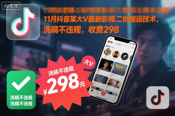 11月抖音某大V最新影视二创搬运技术，洗稿不违规，收费298-副业资源网