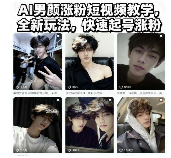 AI男颜涨粉短视频教学,全新玩法,快速起号涨粉-副业资源网