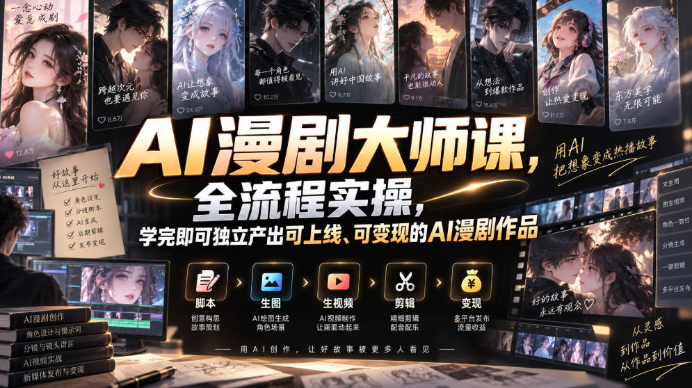 AI漫剧大师课，全流程实操，学完即可独立产出可上线、可变现的AI漫剧作品-副业资源网