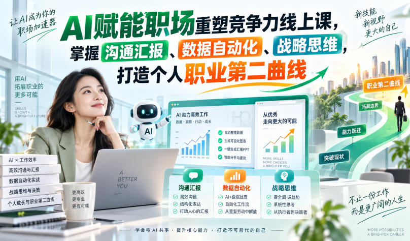 AI赋能职场重塑竞争力线上课，掌握沟通汇报、数据自动化、战略思维，打造个人职业第二曲线-副业资源网