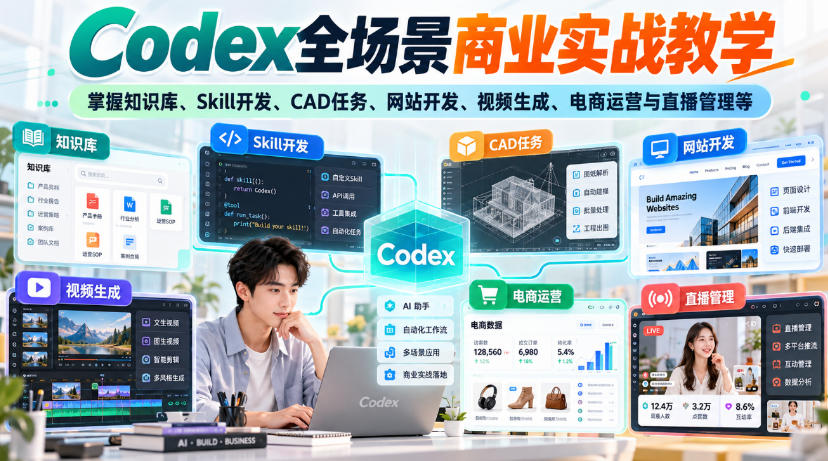 【无水印】Codex全场景商业实战教学，掌握知识库、Skill开发、CAD任务、网站开发、视频生成、电商运营与直播管理等-副业资源网