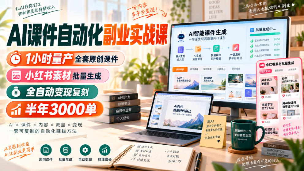 AI课件自动化副业实战课，1小时量产全套原创课件，小红书素材批量生成，全自动变现复刻，半年3000单-副业资源网