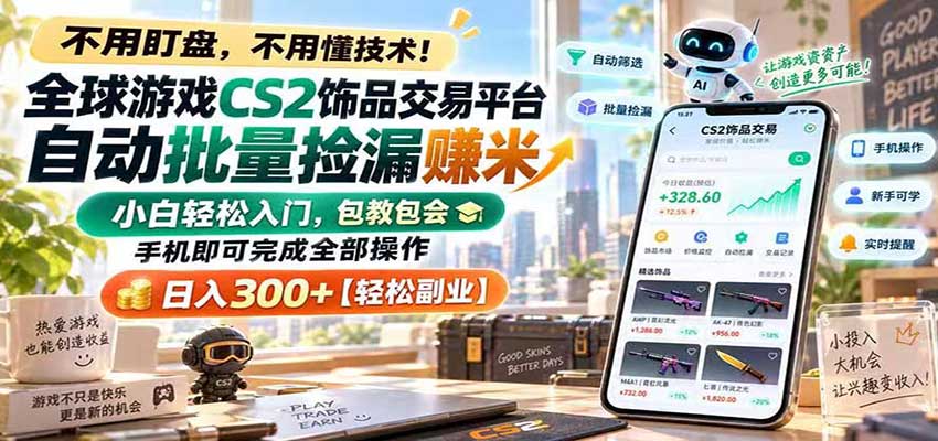 全球游戏CS2饰品交易平台自动批量捡漏赚米，手机即可完成全部操作，日入300+-副业资源网