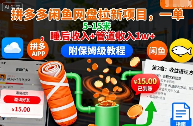 拼多多闲鱼网盘拉新项目,一单5-15米,睡后收入+管道收入1w+(附保姆级教程)-副业资源网