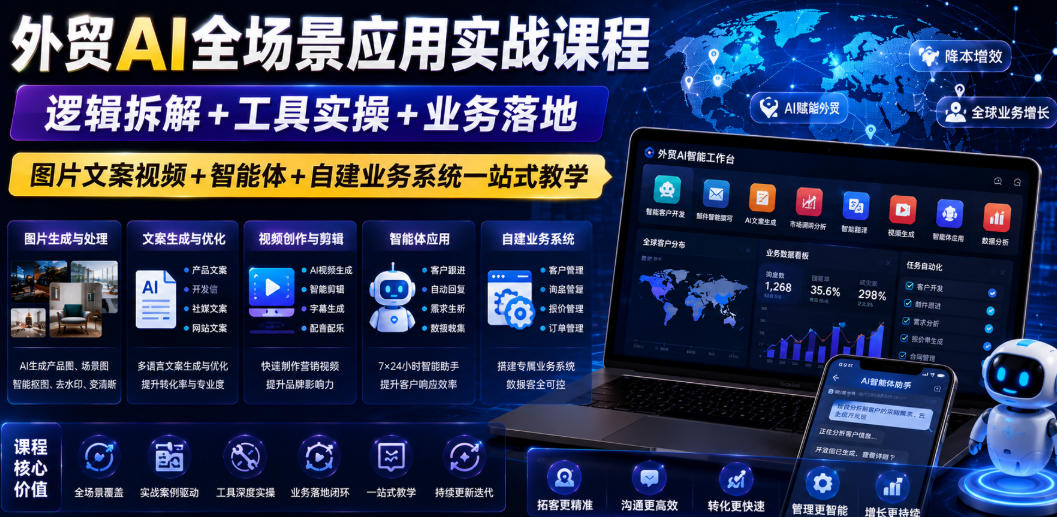 外贸AI全场景应用实战课程｜逻辑拆解+工具实操+业务落地，图片文案视频+智能体+自建业务系统一站式教学-副业资源网