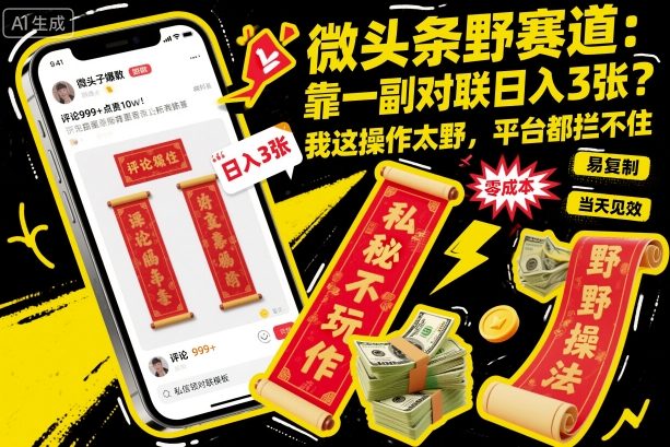 微头条野赛道，靠一副对联日入3张？我这操作太野，平台都拦不住！-副业资源网