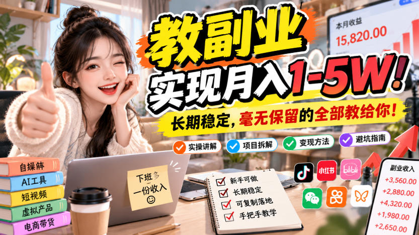 “教副业”实现月入1-5W!长期稳定,毫无保留的全部教给你!【揭秘】-副业资源网