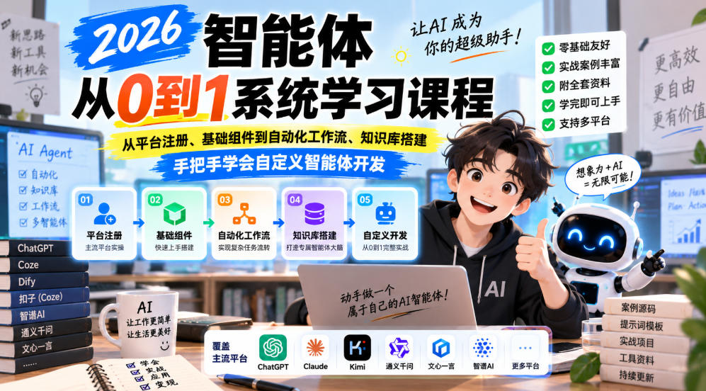 2026智能体从0到1系统学习课程,从平台注册、基础组件到自动化工作流、知识库搭建,手把手学会自定义智能体开发-副业资源网