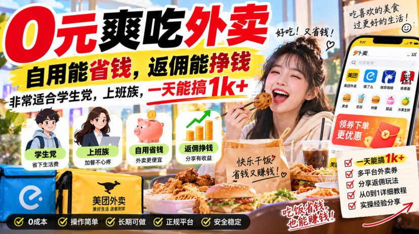 0元爽吃外卖，自用能省钱，返佣能挣钱，非常适合学生党，上班族，一天能搞1k+-副业资源网