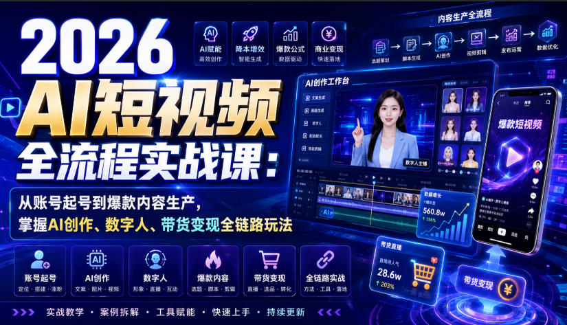 2026 AI短视频全流程实战课:从账号起号到爆款内容生产,掌握AI创作、数字人、带货变现全链路玩法 2026 AI短视频全流程实战课:从账号起号到爆款内容生产,掌握AI创作、数字人、带货变现全链路玩法