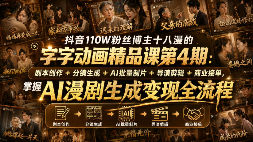 抖音110W粉丝博主十八漫的字字动画精品课第4期:剧本创作+分镜生成+剪辑+商业接单,掌握AI漫剧生成变现全流程(更新0916)-副业资源网