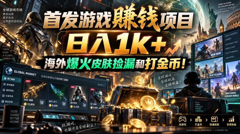 首发游戏賺钱项目，日入1k+，海外爆火皮肤捡漏和打金币！【揭秘】-副业资源网