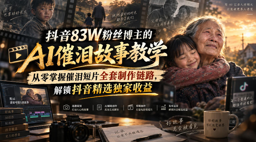 抖音83W粉丝博主的AI催泪故事教学,从零掌握催泪短片全套制作链路,解锁抖音精选独家收益-副业资源网
