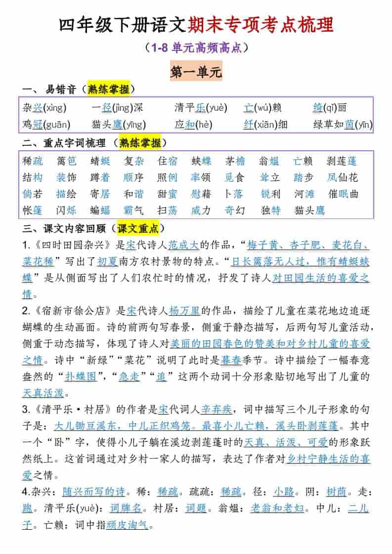 四年级下语文1-8单元期末专项考点梳理-副业资源网