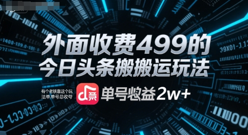 外面收费499的今日头条搬运玩法，有个老铁靠这个玩法单号总收益2w+-副业资源网