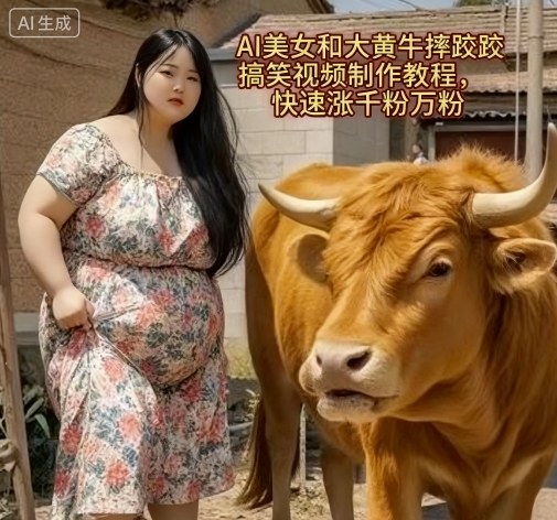 AI美女和大黄牛摔跤搞笑荒诞视频制作教程，快速涨千粉万粉-副业资源网
