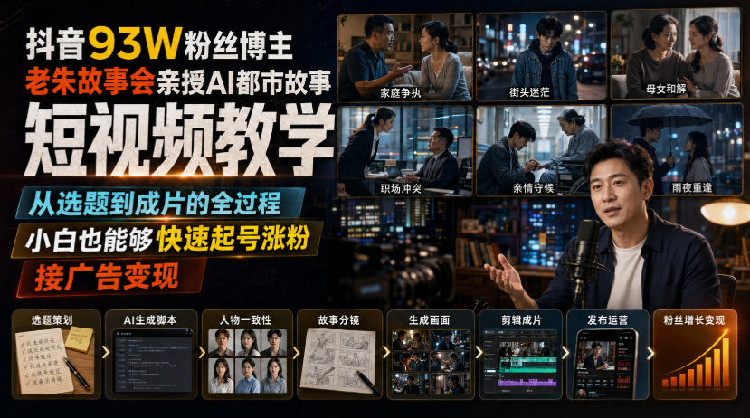 抖音93W粉丝博主老朱故事会亲授AI都市故事短视频教学，从选题到成片的全过程，小白也能够快速起号涨粉接广告变现-副业资源网