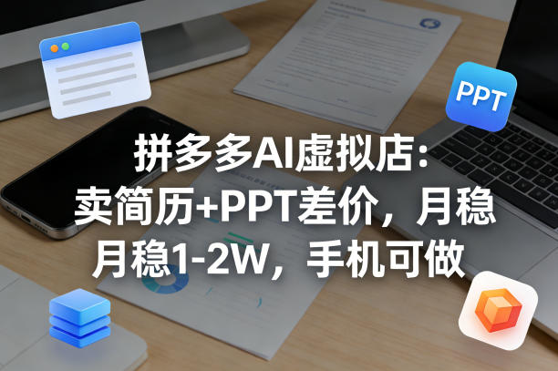 【暴力项目】拼多多AI虚拟店：卖简历+PPT差价，月稳1-2W，手机可做-副业资源网