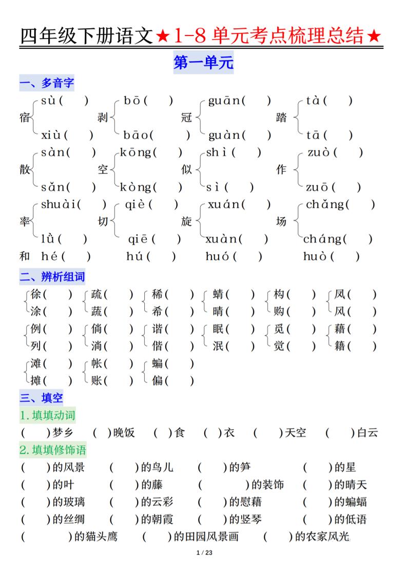 26春四年级下语文1-8单元知识复习要点-副业资源网