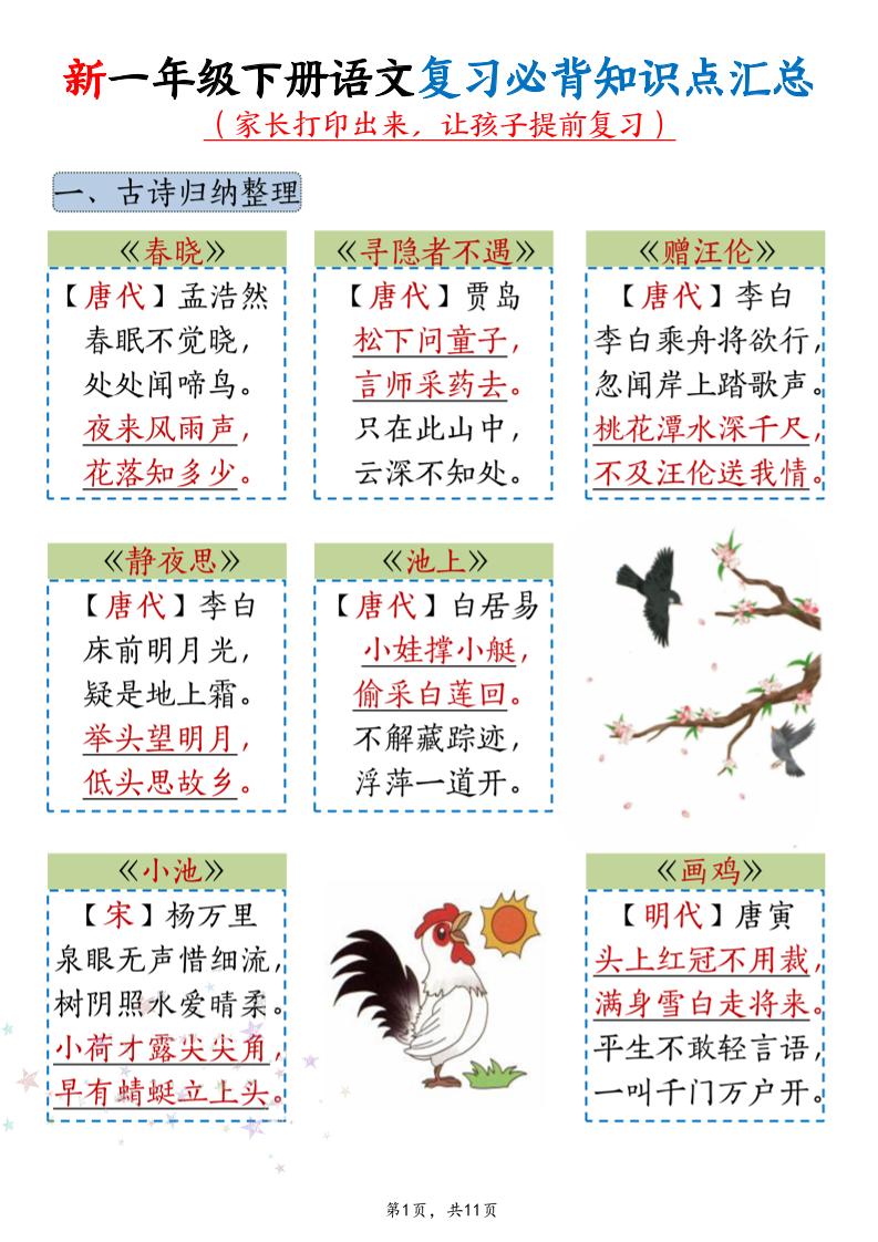 新一年级下册语文复习必背知识点汇总-副业资源网