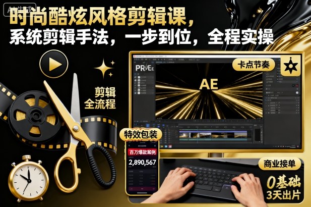 时尚酷炫风格剪辑课，系统剪辑手法，一步到位，全程实操-副业资源网