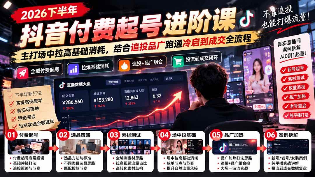 （20671期）2026下半年抖音付费起号进阶课：主打场中拉高基础消耗，结合追投品广跑通冷启到成交全流程-副业资源网
