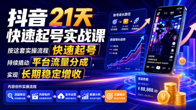 抖音21天快速起号实战课,按这套实操流程快速起号,持续撬动平台流量分成,实现长期稳定增收-副业资源网