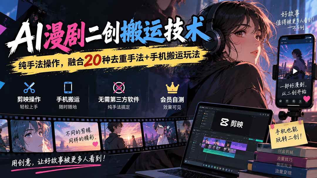 （20551期）AI漫剧二创搬运技术，纯手法操作，融合20种去重手法++手机搬运玩法-副业资源网