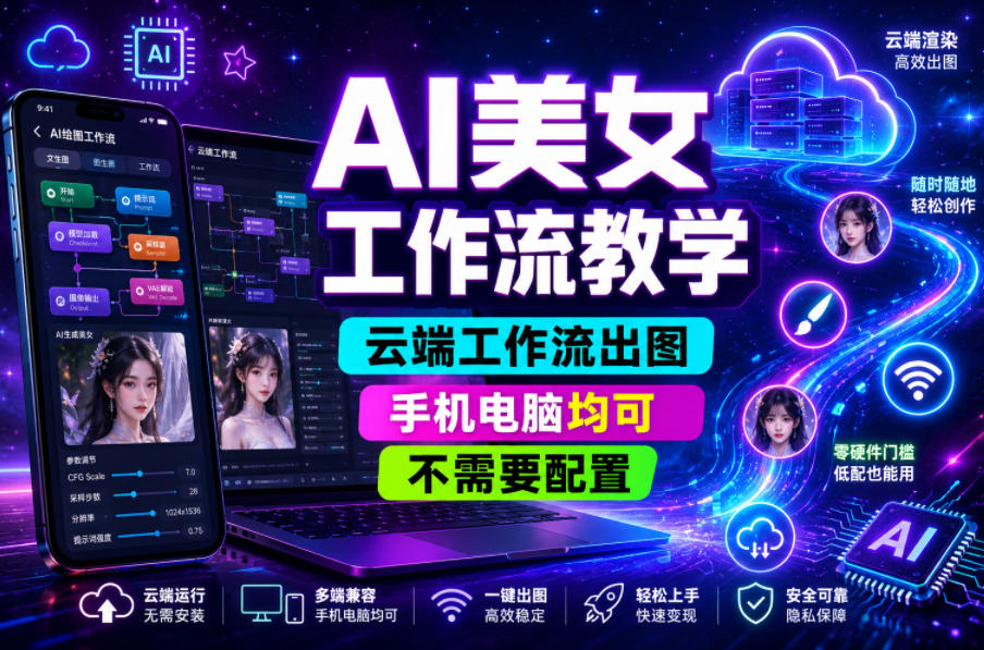 AI美女工作流教学，云端工作流出图，手机电脑均可，不需要配置，快速起号涨粉-副业资源网