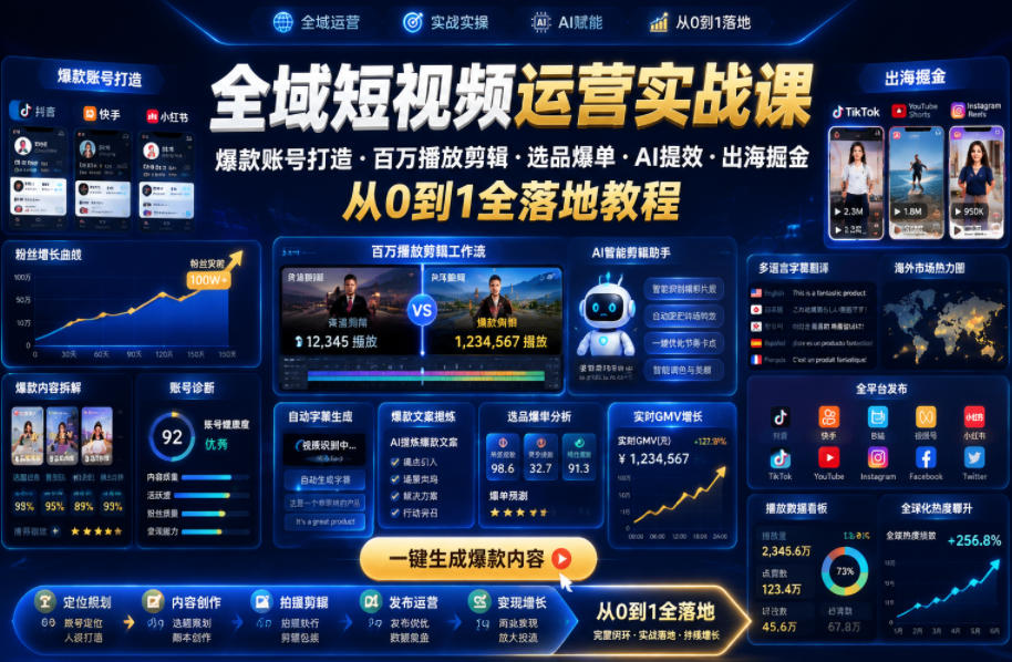 全域短视频运营实战课,爆款账号打造・百万播放剪辑・选品爆单・AI提效・出海掘金,从0到1全落地教程-副业资源网