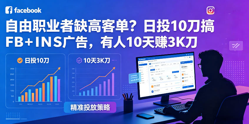 自由职业者缺高客单？日投10刀搞FB+INS广告，有人10天赚3K刀！【原创双语字幕】-副业资源网