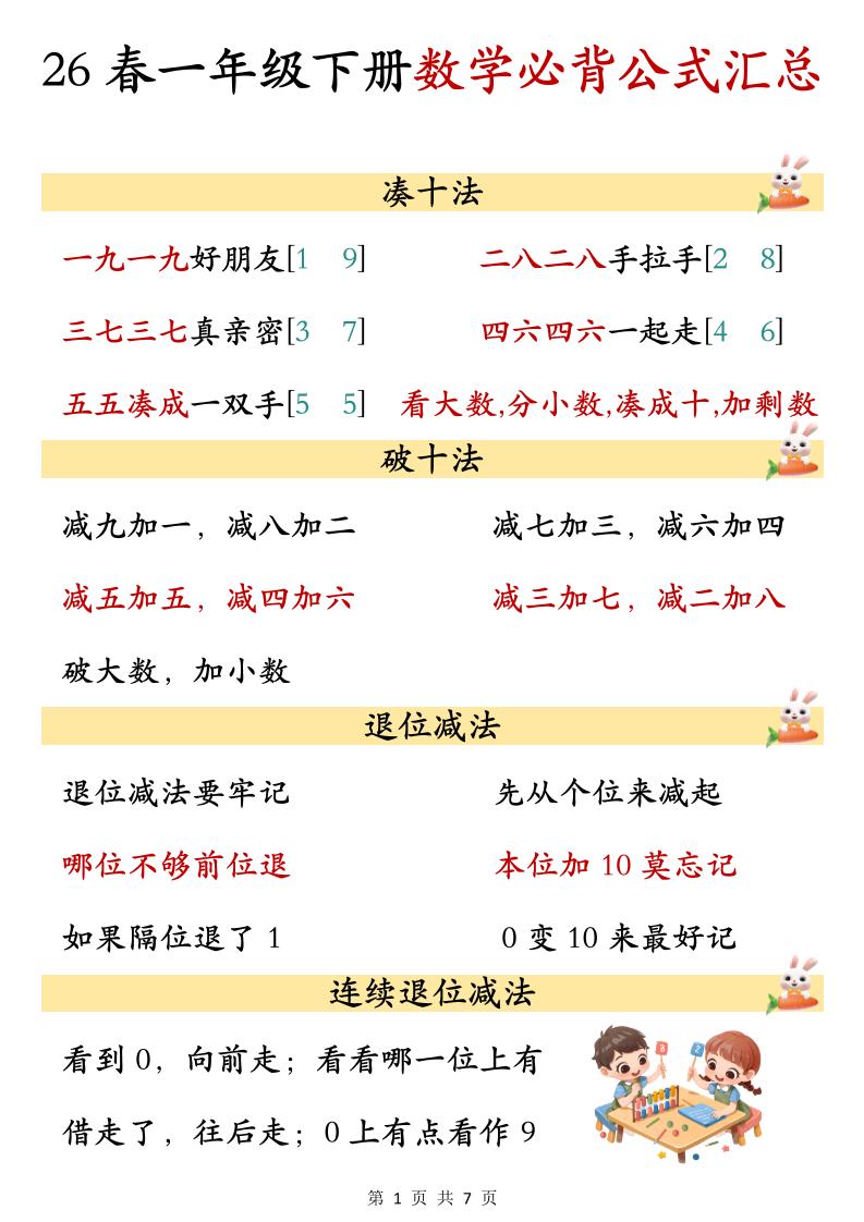 26春一年级下数学期末必背公式汇总-副业资源网