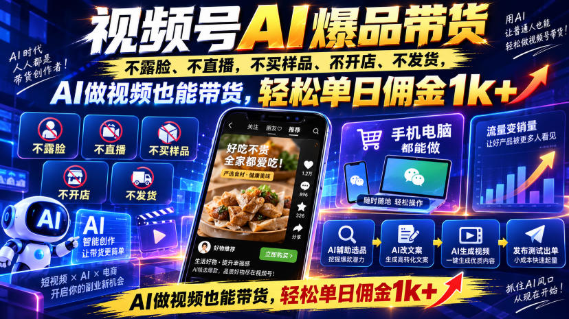 视频号Ai爆品带货,不露脸、不直播、不买样品、不开店、不发货,AI做视频也能带货,轻松单日佣金1k+-副业资源网