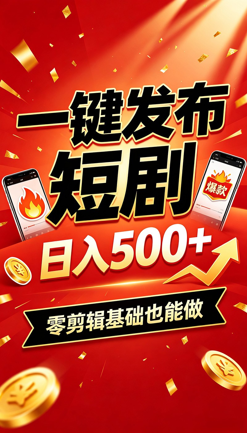 快手短剧一键发布,不用剪辑操作简单,副业日入500+。空闲时间轻松赚收益-副业资源网