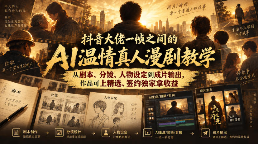 抖音大佬一帧之间的AI温情真人漫剧教学,从剧本、分镜、人物设定到成片输出,作品可上精选、签约独家拿收益-副业资源网