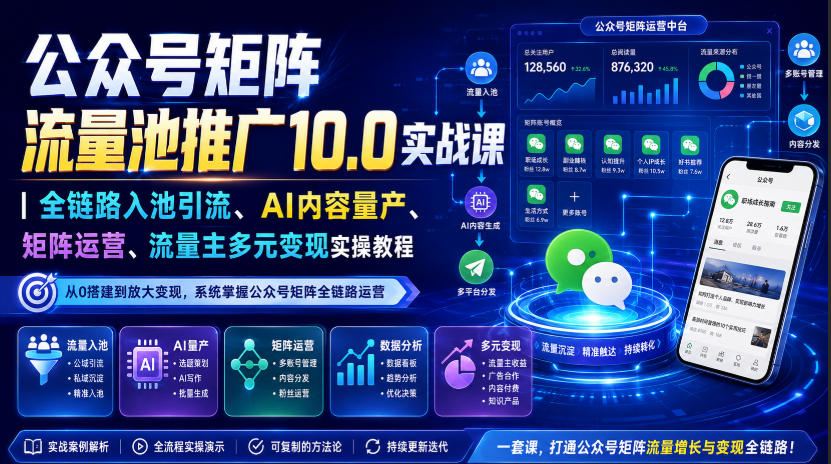 公众号矩阵流量池推广10.0实战课｜全链路入池引流、AI内容量产、矩阵运营、流量主多元变现实操教程-副业资源网