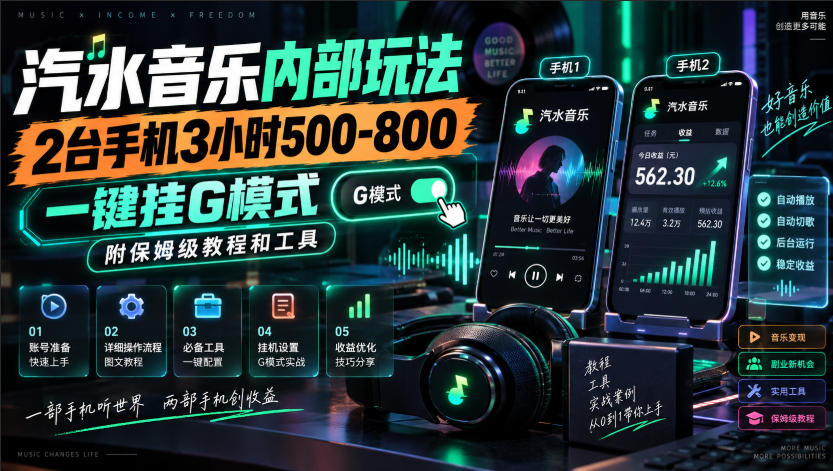 汽水音乐内部玩法，2台手机3小时500-800，一键挂G模式，附保姆级教程和工具【揭秘】-副业资源网