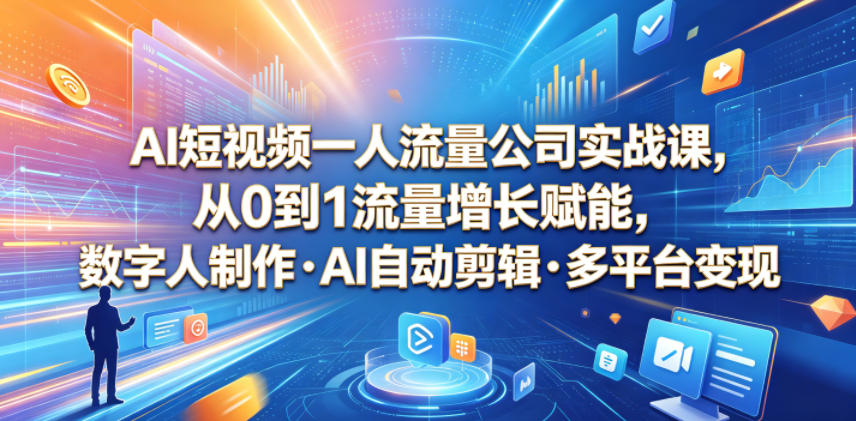 AI短视频一人流量公司实战课，从0到1流量增长赋能，数字人制作・AI自动剪辑・多平台变现，一人做流量生意全落地教程-副业资源网