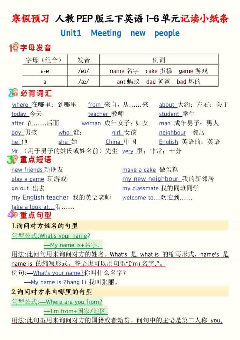 三年级下英语寒假预习1-6单元记读小纸条《人教版PEP》-副业资源网