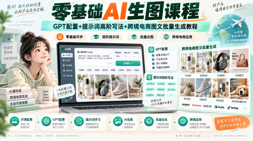 零基础AI生图课程，GPT配置+提示词高阶写法+跨境电商图文批量生成教程-副业资源网